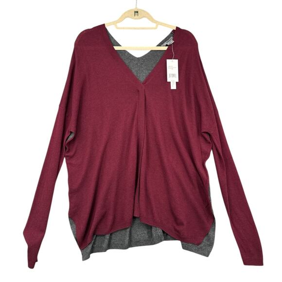 Vince V-Neck‎ Burgundy Grey Color Block Oversized Merino Wool Sweater Womens XL - Picture 1 of 6